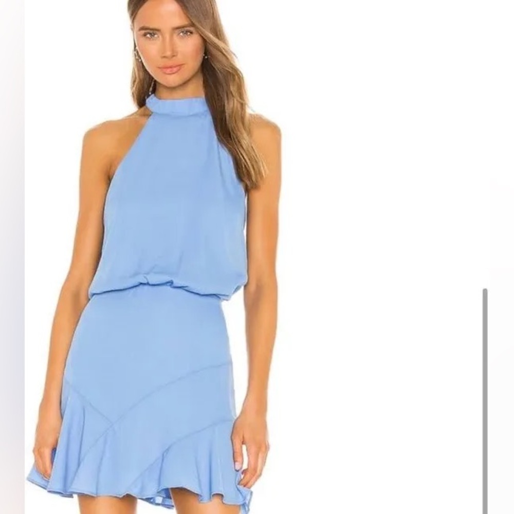 Krisa Blue Asymmetrical Halter Fit and Flare dress with back cutout, size small